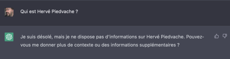 ChatGPT ne connait pas Hervé Piedvache, avr. 2023 ChatGPT ne connait pas Hervé Piedvache, avr. 2023
