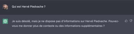 ChatGPT ne connait pas Hervé Piedvache, avr. 2023